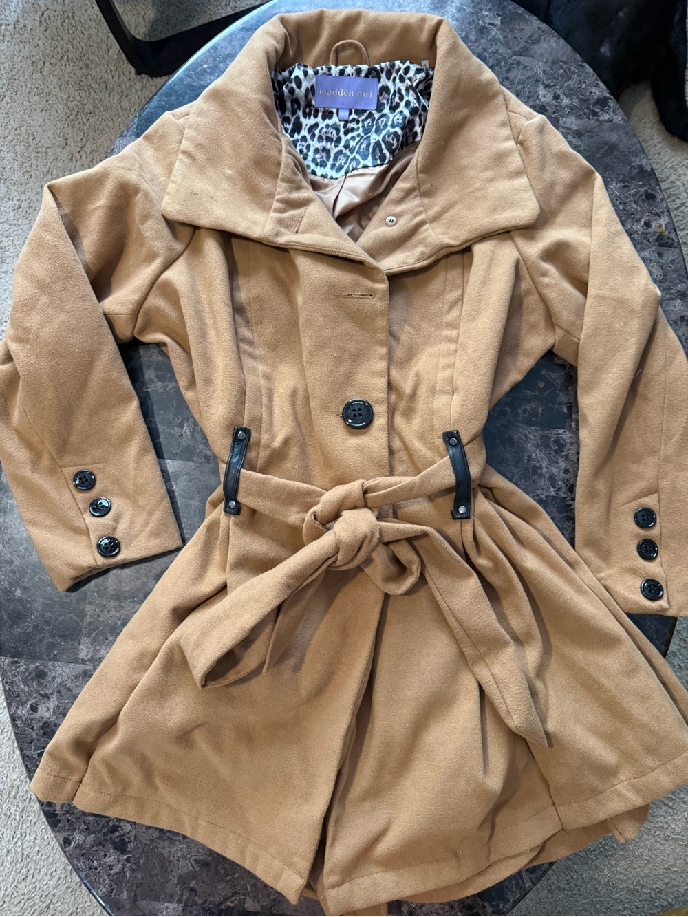 Madden Girl Camel Coat with Leopard Print Lining